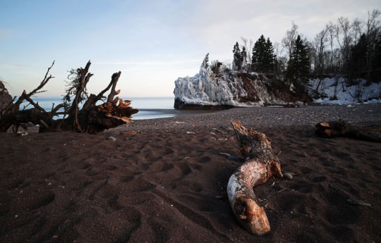 Beach at the mouth of the Baptism River after a two-day spring snow storm - Tettegouche State Park