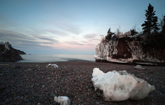 Ice on the beach at the mouth of the Baptism River following a two-day spring snow storm - Tettegouche State Park